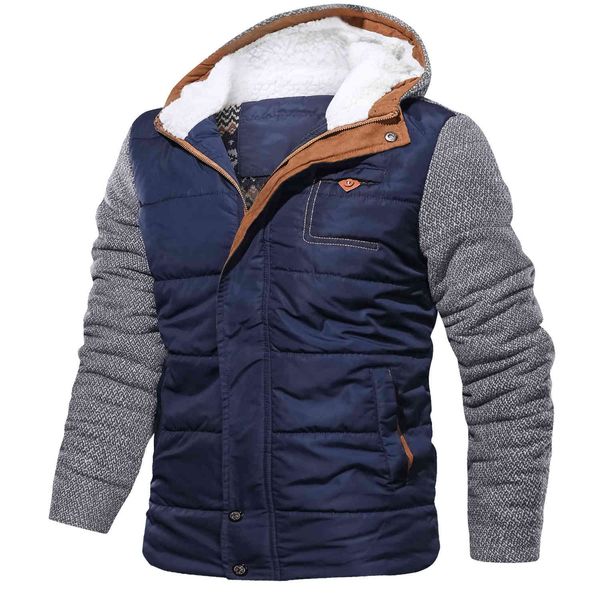 

men's leather & faux winter hooded jacket men coat thick warm parkas mens windproof parka outerwear 2021 brand bomber cotton cloth, Black