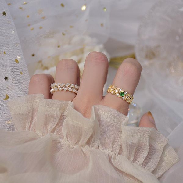 

cluster rings 2021 luxury delicate emerald diamond open design ring iced out exquisite micro inlay zircon pearl adjustable jewelry gifts, Golden;silver