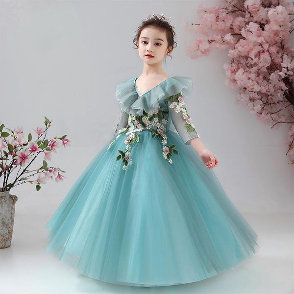 

ethnic clothing kids princess ball gown dress sweet applique full sleeve mesh long skirt cute ruffle bud formal prom evening banque dresses, Red