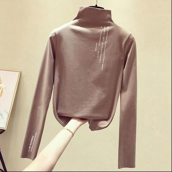 

spring autumn bottoming half high women collar letter color long sleeve lady casual tees female, White