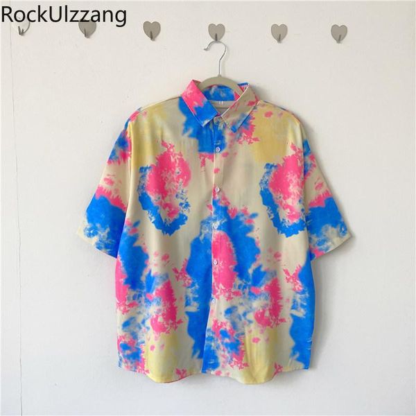 

men's casual shirts streetwear hip hop punk tie dye contrast graffiti print harajuku short sleeve button shirt blouse summer tee men hi, White;black