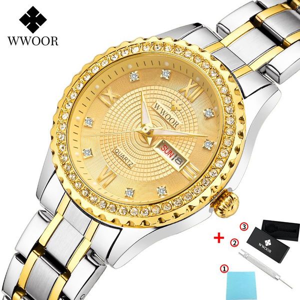 

wristwatches wwoor gold women bracelet watch ladies luxury waterproof full steel wrist casual dress quartz, Slivery;brown