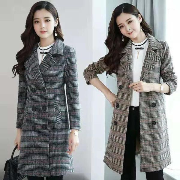 

women's wool & blends autumn winter women woolen coat 2021 lattice overcoats double breasted mid long outerwear female casual mujer coa, Black