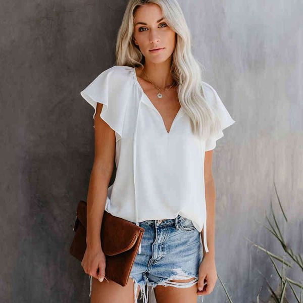 

women chiffon blouse summer v neck ruffle short sleeve pleated female casual loose lace up blouse office ladies shirts 210507, White