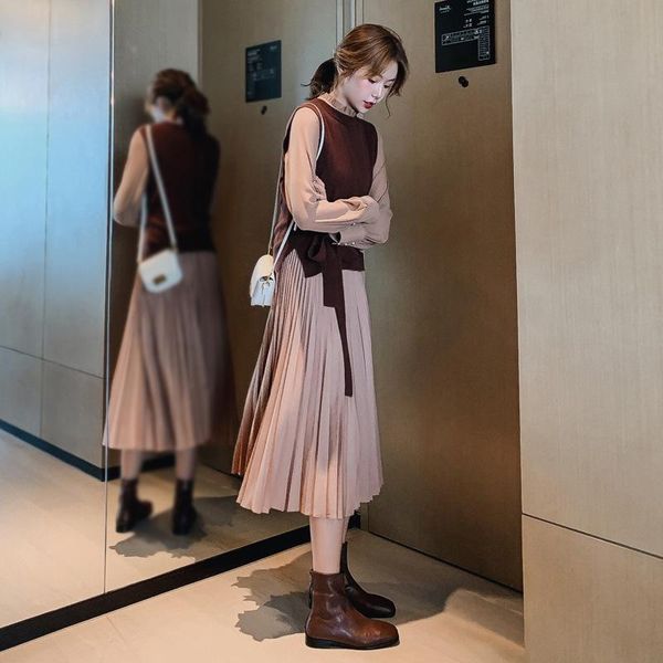 

casual dresses pinkou women sweet midi dress two piece set with knitted vest long sleeve bow tie cute autumn pleated qa281, Black;gray