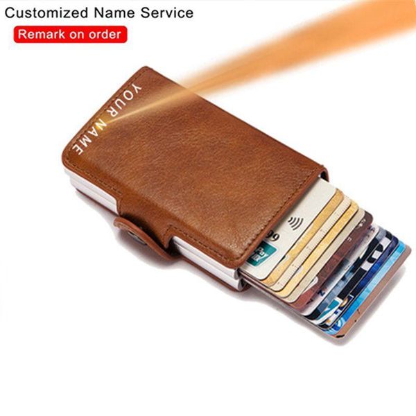 

card holders engraving wallet rfid carbon fiber holder men customize double metal case minimalist personalized hasp, Brown;gray