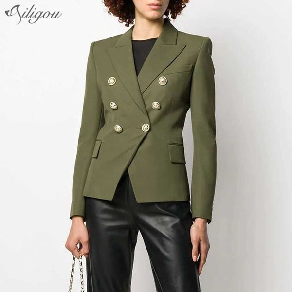 Cair Mulheres Clássica Design Europeu e Americano Exército Verde Botão Blazer Slim Casual Color Sólido Alta Qualidade Jaqueta 210527