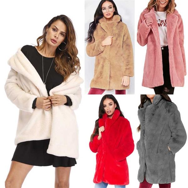 

spring women faux fur long coat autumn warm overcoat female streetwear elegant cardigan outwear fashion parka 211220, Black