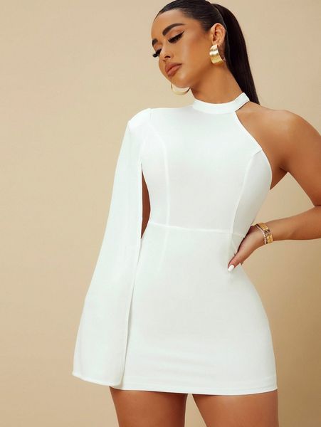 

sxy asymmetrical neck slit sleeve bodycon dress d2jg#, Black;gray