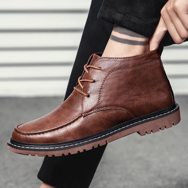 

boots winter men's lace-up comfy fashion shoes men outdoor leather casual warm ankle big size, Black