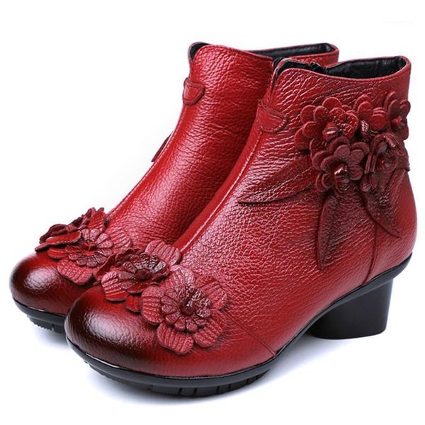 

boots 2021 arrival vintage genuine leather ankle winter women warm shoes soft non-slip bottom soles plus size1, Black