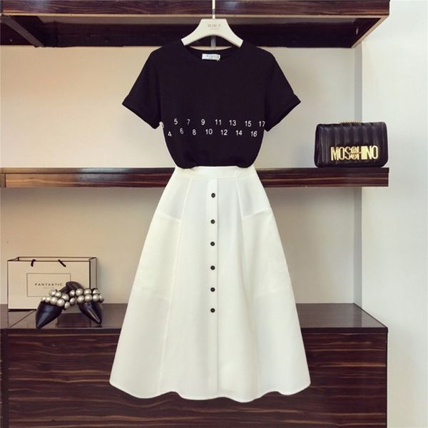 

women letter t-shirt+high waist button skirts 2pcs clothing set summer clothes suits 210525, White