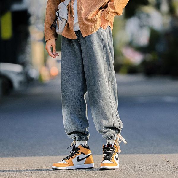 

men's pants 2021 autumn winter straight trendy jeans loose drawstring leggings japanese streetwear cargo men, Black