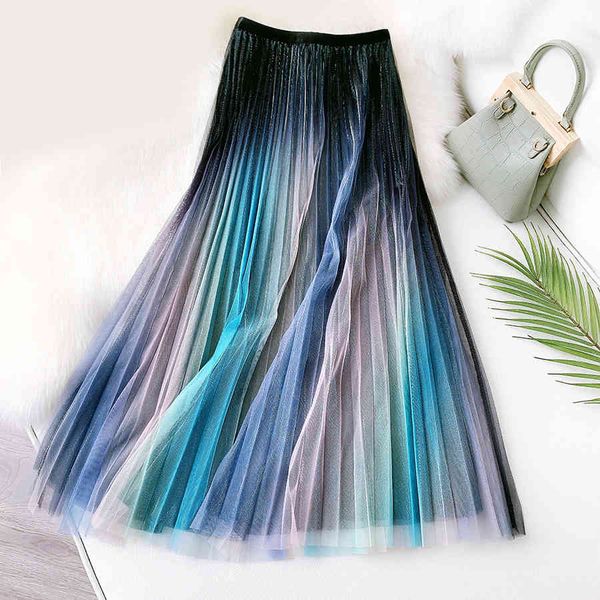

skirt 2021 women a-line summer gradient color pleated stretch waist long skirt femme elegant faldas jupe saia, Black