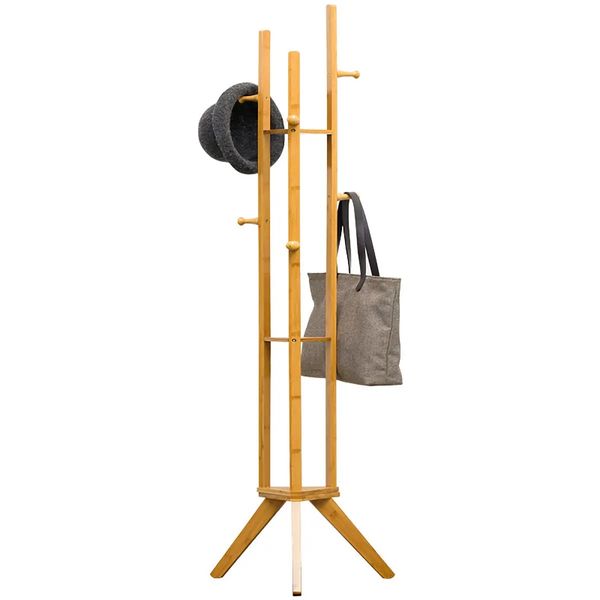 Casaco Rack Stand Casaco de Árvore Pano Hanger Hall Árvore Livre Posição Estilo Estilo Suporte de Cremalheira de Bambu com 6 Ganchos 3-Camada Prateleira Para Roupas Casaco Lavanderia Chapéu