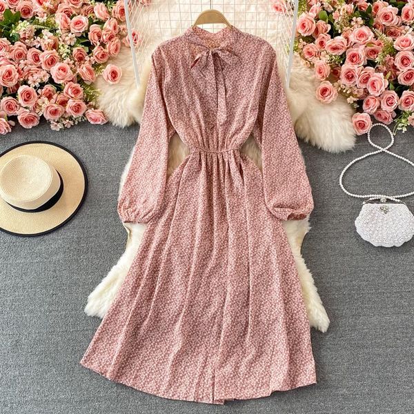 

casual dresses autumn french style v-neck bow lace-up long sleeve waist slimming small fresh floral chiffon dress for women, Black;gray