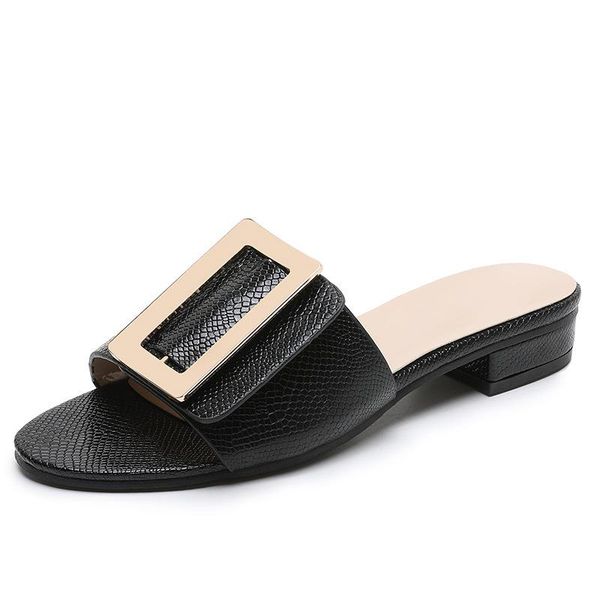 

slippers women buckles flat shoes ladies snake printed peep toe hoof heels elegant, Black