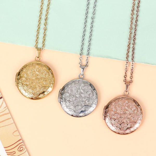 

chains 1pc round po frame pendant necklace stainless steel charms locket necklaces women men fashion memorial jewelry carved designs, Silver