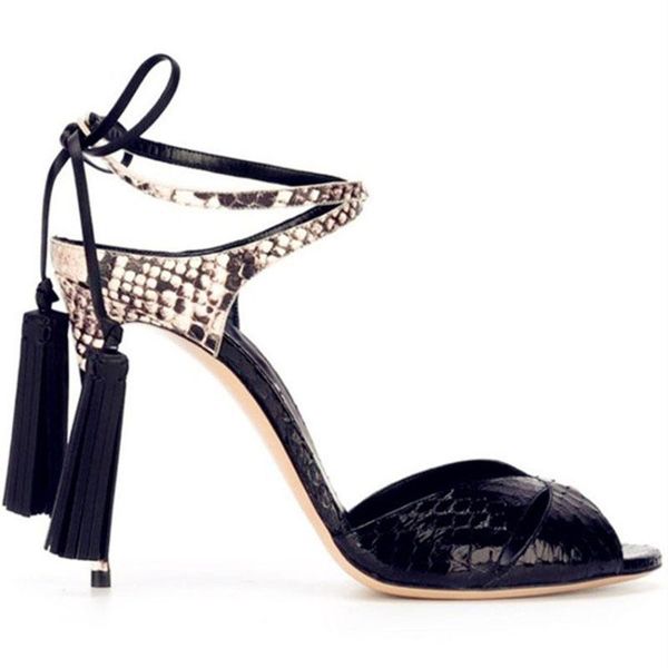 

sandals 2021 summer style stiletto fringed suede high-heeled women's snake pattern lace-up fashion shoes, Black