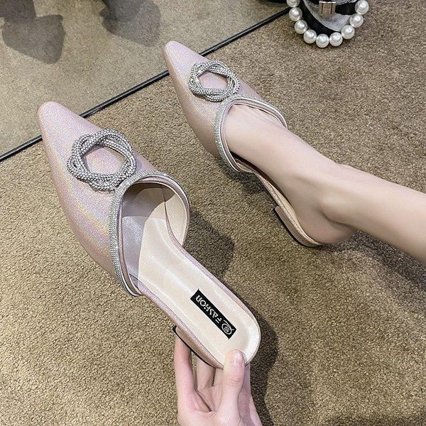 

slippers summer high heels sandals shoes woman pointed toe slip-on flip flops women 2021, Black