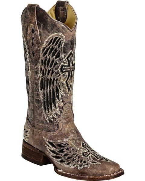 

boots women`s corral black sequin wing & cross inlay cowgirl square toe