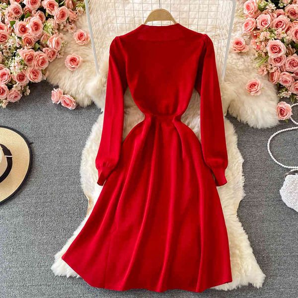 

french retro dress women autumn elegant v-neck puff sleeve single button slim solid color dresses knitwear fashion, Black;gray