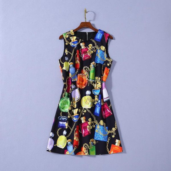 

casual dresses american european women's and dress 2021 summer styles sleeveless bead chain perfume bottle print fashionable, Black;gray