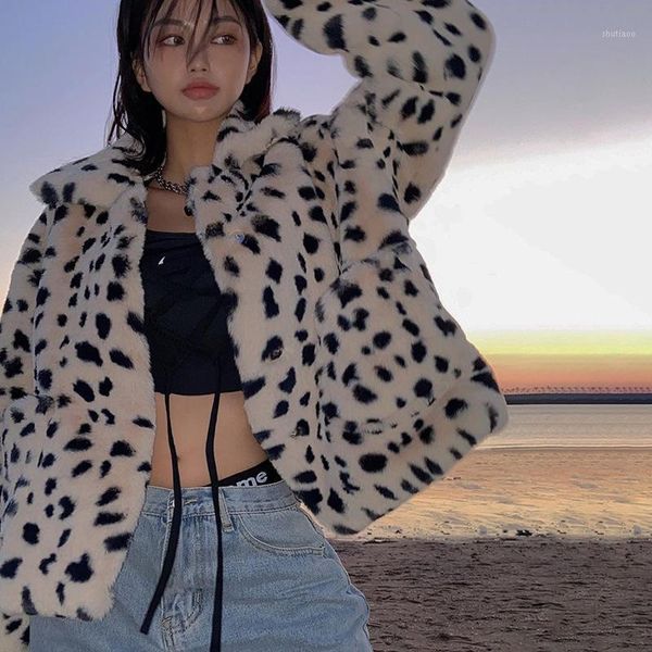 

women's wool & blends thick leopard fur short jacket loose collar spot dog street trend casual warm clothes coat women autumn winter, Black