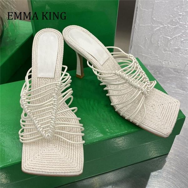 

sandals 2021 summer women stretch woven square open toe elastic slide mules slip on weave party shoes mujer1, Black