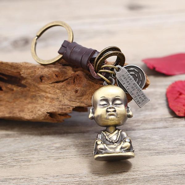 

keychains punk vintage little monk buddha pendant keychain hand-woven car retro genuine leather key chain ring jewelry, Silver