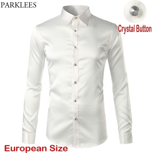 

men's satin luxury dress shirts brand long sleeve smooth wrinkle tuxedo shirt men wedding party dance prom chemise 3xl 210522, White;black