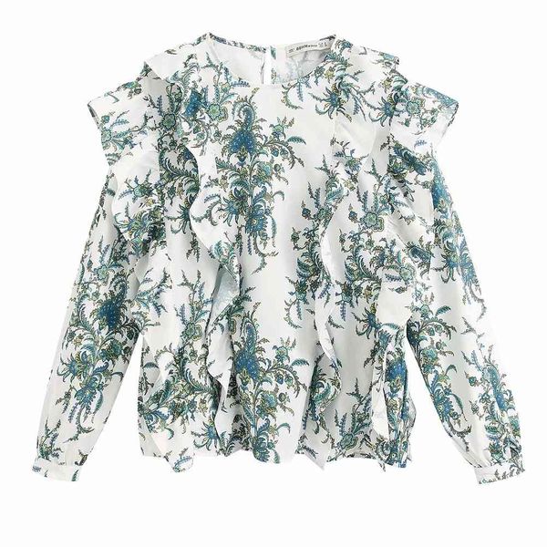 

vintage stylish floral printed ruffles blouse women fashion o-neck elegant ladies casual chic shirts 210520, White