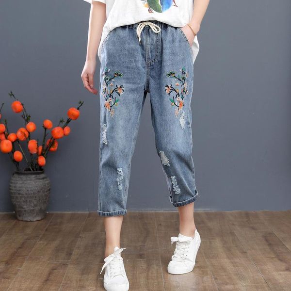

women's jeans high waist woman loose capri boyfriend for women feminino vintage blue embroidered harem pants large size 3xl