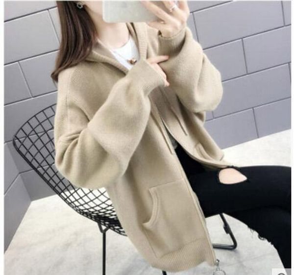 

women's knits & tees knit cardigan sweater coat style autumn long hooded imitation loose solid female thick, White