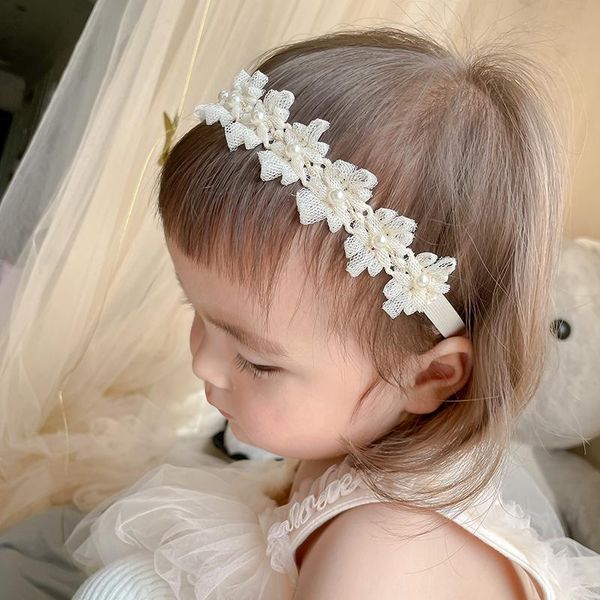 

hair accessories 5pcs/lot girl princess lace flowers diamond pearl headbands elastic hairbands solid ribbon hairwear infant, Slivery;white