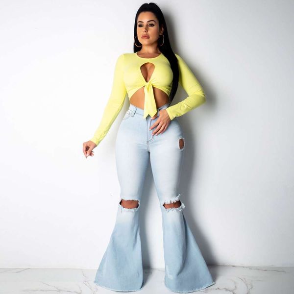 

2021 2019 autumn new fashion knee hole elastic tight jeans flared pants light color, White