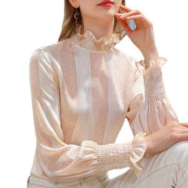 

women's t-shirt cultiseed women sweet ruffled turtleneck striped chiffon t-shirts ladies fashion flare sleeve elegant office work tees, White