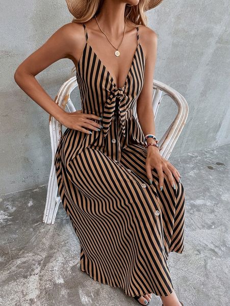 

tie front single breasted striped peekaboo cami dress u0cc#, Black;gray