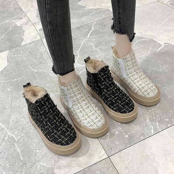 

boots oein women's winter platform snow long plush female casual sneakers gingham faux suede with fur inside fashion shoes 2021, Black