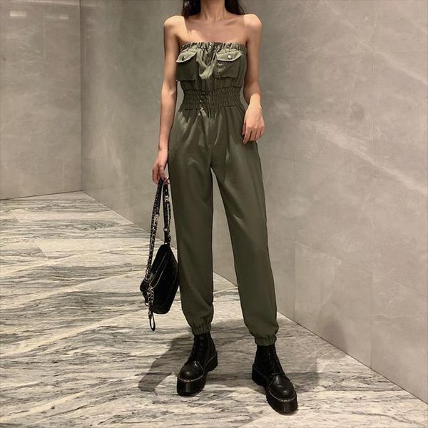 

wonder tube womens jumpsuits off shoulder safari style black high waist zipper slim long pants playsuits, Black;white