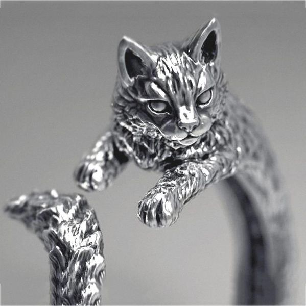 

cluster rings retro cat open copper women's ring dark style alloy for anniversary party adjustable animal jewelry 2021, Golden;silver