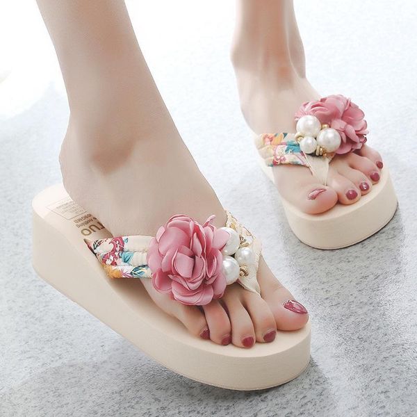 

slippers summer women shoes flowers pearl silk casual flat clip sandals black beige frip flops outdoor beach fashion platform1