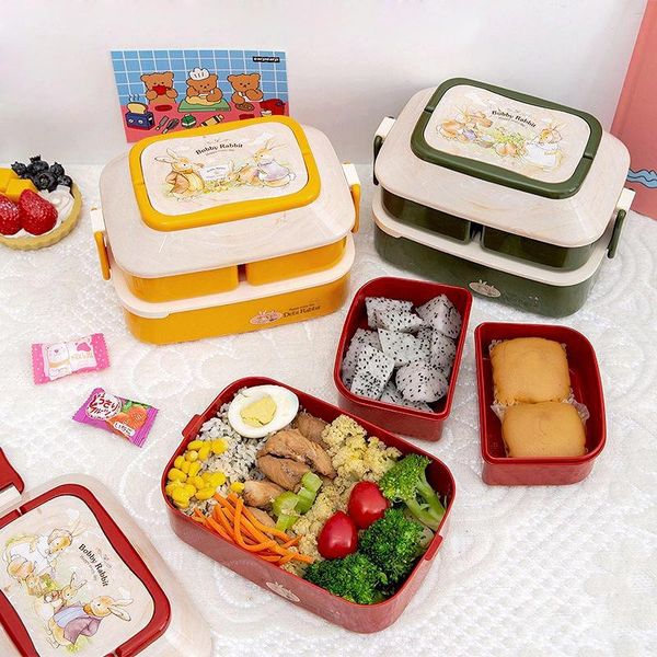 

microwave kids lunch box cute student office bento large capacity storage with independent cutlery dinnerware sets