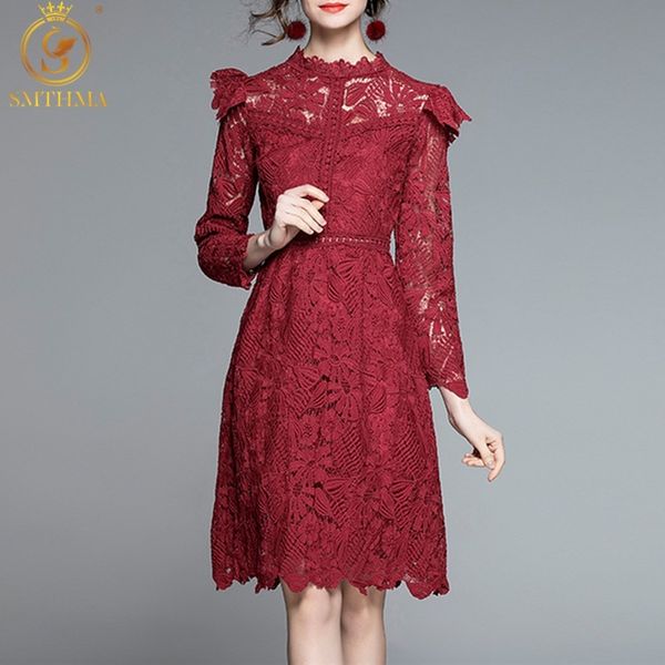 

fashion runway designer spring dresses long sleeve lace patchwork ruffle ladies hollow out temperament vestidos 210520, Black;gray