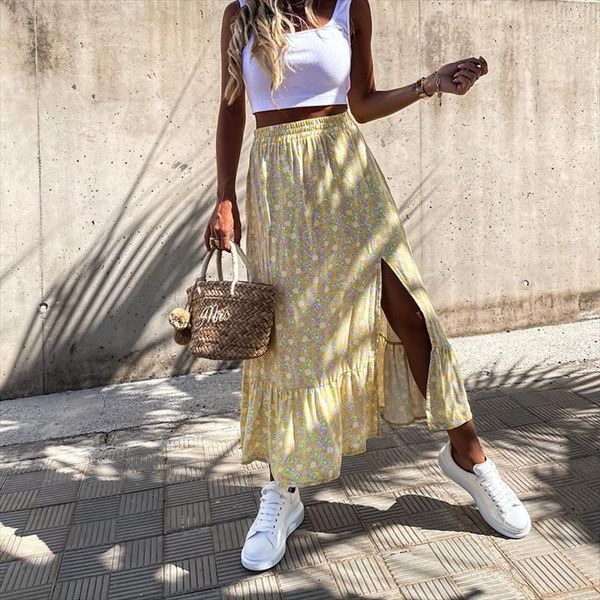

summer floral elastic waist women skirts split ruffle beach casual a line boho elegant party vacation print long, Black