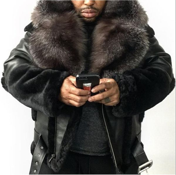 

Fashion Leather Men's Pu Composite Plush Belt Thick Coat, Black