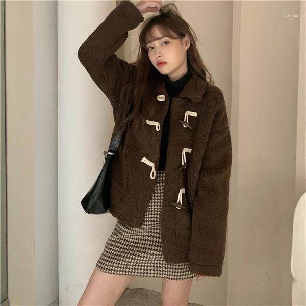 

women's wool & blends 2021 the winter plush warm jacket coat female lambskin horn buckle stand collar casual pure color was thin, Black