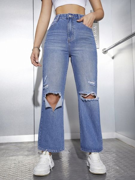 

ripped detail wide leg jeans u1x2#, Blue