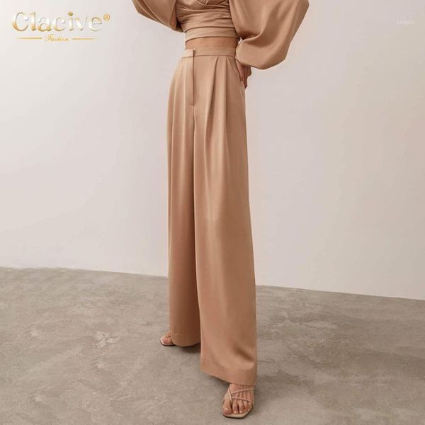 

women's pants & capris clacive 2021 satin women full-length elegant slim office womens wide leg trousers fashion loose high waist femal, Black;white