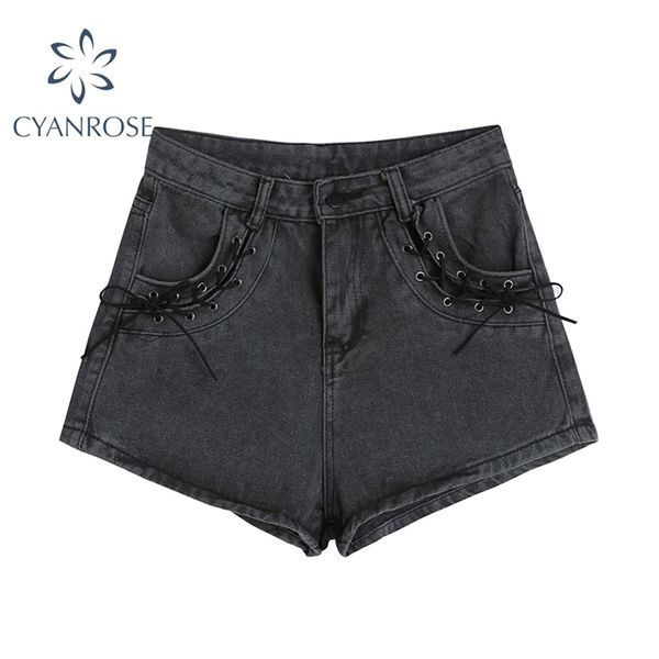 

tide grey denim shorts pants women drawstring lace-up design wide leg crop jeans retro y2k streetwear ins pant 210430, White;black